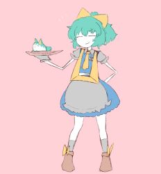 1girl anoponp apron ascot blue_skirt blue_vest boots bow brown_boots closed_eyes closed_mouth collared_shirt colored_skin cookie_(touhou) daiyousei diyusi_(cookie) full_body gloves green_hair grey_apron grey_gloves grey_shirt grey_socks hair_bow high-visibility_clothing high-visibility_vest notice_lines pink_background puffy_short_sleeves puffy_sleeves shirt short_hair short_sleeves simple_background skirt skirt_set smile socks solo standing sukusuku_hakutaku touhou vest waist_apron white_skin yellow_ascot yellow_bow