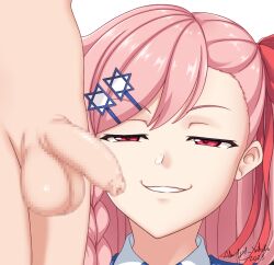 1girl asymmetrical_bangs bow braid censored collared_jacket doyagao foreskin girls&#039;_frontline hair_bow hair_ornament hairclip hetero hexagram humiliation imminent_fellatio israel jacket long_hair looking_at_penis mosaic_censoring negev_(girls&#039;_frontline) one_side_up penis phimosis pink_hair red_bow red_eyes side_braid signature simple_background small_penis small_penis_humiliation smile smug solo_focus star_of_david teeth tomboyist white_background