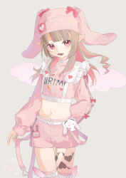 Rule 34 | 1girl, absurdres, alamp, animal ears, beanie, belt, blunt bangs, bow, buckle, character name, chest harness, clothes writing, colored inner hair, cowboy shot, cropped jacket, drill hair, fake animal ears, fang, floppy ears, frills, hair down, harness, hat, hat bow, heart, heart-shaped buckle, highres, jacket, leg tattoo, long hair, looking at viewer, loose belt, makaino ririmu, midriff, multicolored hair, name tag, navel, nijisanji, official alternate costume, official alternate hairstyle, open mouth, pants, pink belt, pink hair, pink jacket, pink ribbon, pink shorts, pink thighhighs, pointy ears, rabbit ears, red eyes, ribbon, short shorts, shorts, sidelocks, simple background, sleeves past wrists, standing, streaked hair, stuffed animal, stuffed toy, tattoo, thighhighs, track jacket, track pants, virtual youtuber, white background, white belt, white wings, winged heart tattoo, wings