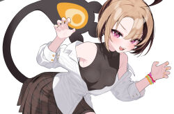 1girl ahoge black_undershirt blonde_hair breasts brown_hair brown_skirt claw_pose collared_shirt gigi_murin hands_up highres hololive hololive_english hoshi_usagi leaning_forward long_sleeves looking_at_viewer medium_breasts miniskirt multicolored_hair off_shoulder open_clothes open_mouth orange_nails parted_bangs partially_unbuttoned pink_eyes plaid_clothes plaid_skirt pleated_skirt sharp_teeth shirt short_hair simple_background skirt sleeveless sleeveless_shirt solo tail teeth three-quarter_sleeves two-tone_hair virtual_youtuber white_background white_shirt