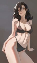 Rule 34 | 1girl, absurdres, black bra, black hair, black panties, blue eyes, bra, breasts, cleavage, collarbone, commentary, english commentary, eyelashes, grey background, groin, hair between eyes, highres, large breasts, long hair, looking at viewer, mole, mole under eye, navel, ori dal, original, panties, parted lips, red lips, simple background, solo, standing, thighs, underwear