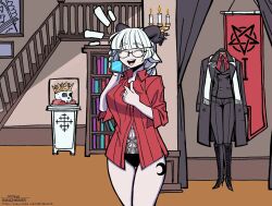 1girl banner baphomet_(grizz) black_horns black_panties blush book bookshelf candle coat crescent crescent_moon crown demon_girl demon_horns full_body glasses grizz helltaker highres horns indoors long_hair monochrome moon open_clothes open_shirt original panties pentagram shirt simple_background sketch skull smile solo stairs talking_on_phone traditional_media underwear vanripper_(style)