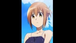 1girl absurdres air_bubble animated blowing_bubbles blue_one-piece_swimsuit bouncing_breasts breasts brown_eyes brown_hair bubble cleavage highres large_breasts one-piece_swimsuit pool poolside school_swimsuit seitokai_yakuindomo swimming swimsuit tagme underwater video