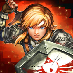 1boy armor blonde_hair blue_eyes earrings fingerless_gloves gloves highres holding holding_shield holding_sword holding_weapon jewelry la-sera link looking_at_viewer male_focus nintendo official_alternate_costume pauldrons pointy_ears shield shoulder_armor shoulder_pads sidelocks soldier&#039;s_set_(zelda) solo sword teeth the_legend_of_zelda the_legend_of_zelda:_breath_of_the_wild triforce upper_body weapon