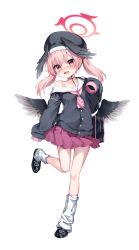 1girl :o absurdres bag black_choker black_serafuku black_shoes black_wings blue_archive blush choker collarbone commentary_request embarrassed feathered_wings full_body hair_between_eyes halo hat head_wings highres kneehighs koharu_(blue_archive) long_hair long_sleeves looking_at_viewer loose_socks neckerchief pink_eyes pink_hair pink_neckerchief pink_skirt pleated_skirt red_halo ryuhei_(lyuheyi1011) sailor_collar school_bag school_hat school_uniform serafuku shoes shoulder_bag sidelocks simple_background skirt sleeves_past_fingers sleeves_past_wrists socks solo standing standing_on_one_leg twintails white_background white_sailor_collar white_socks wings