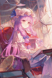 1girl bad_source blue_bow blush book book_stack bookshelf bow breasts capelet closed_mouth crescent crescent_hat_ornament day dress frills from_side hair_ribbon hat hat_ornament highres indoors library long_hair long_sleeves maccha_(mochancc) mob_cap necktie on_chair open_book patchouli_knowledge purple_dress purple_hair reading red_bow red_eyes red_necktie ribbon shadow sidelighting sitting solo table touhou very_long_hair white_capelet window