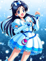 00s 1girl arm_warmers bag blue_background blue_eyes blue_hair boots bow cure_white dress earrings female_focus frills futari_wa_precure hair_ribbon half_updo heart highres jewelry knee_boots long_hair magical_girl matching_hair/eyes mimimix open_mouth outstretched_arms petticoat precure ribbon smile solo white_bow white_dress yukishiro_honoka
