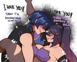 Rule 34 | 1boy, 1girl, absurdres, anger vein, bare shoulders, between legs, black bodysuit, black bow, black hair, blue sleeves, blunt ends, blush, bodystocking, bodysuit, bow, boy on top, breasts, couple, detached sleeves, english text, from side, genshin impact, gold trim, gradient hair, hair between eyes, hair bow, hetero, highres, koviiy, large breasts, leg lift, leg lock, leg up, leotard, lightning glare, long hair, looking at another, mona (genshin impact), multicolored hair, open mouth, pantyhose, partially shaded face, pink hair, purple eyes, purple hair, purple leotard, sanpaku, scaramouche (genshin impact), sideways mouth, star (symbol), star print, sweat, torn clothes, torn pantyhose, tsundere, twintails, twitching, wanderer (genshin impact)