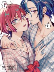 Rule 34 | !, ?, amate yuzuriha, aqua eyes, arm around neck, artist name, averting eyes, blue hair, blue kimono, blush, bow, collarbone, commentary request, face-to-face, flustered, gundam, gundam gquuuuuux, half-closed eyes, hand on another&#039;s chest, hand on another&#039;s shoulder, highres, japanese clothes, kimono, multicolored eyes, multicolored hair, nape, obi, open mouth, plaid clothes, plaid kimono, red bow, red eyes, red hair, red kimono, red sash, sash, short hair, shuji ito, speech bubble, spiral 0305, spoken exclamation mark, spoken question mark, two-tone eyes, two-tone hair, watermark, yukata