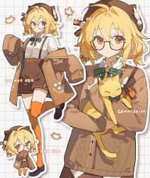 Rule 34 | 1girl, ame ame, animal, blonde hair, blush stickers, bow, bowtie, brown jacket, brown skirt, cat, chibi, chibi inset, closed mouth, collared shirt, commentary, commission, full body, glasses, green bow, green bowtie, grid background, hair ribbon, highres, holding, holding animal, holding cat, jacket, long sleeves, looking at viewer, multiple views, open clothes, open jacket, orange eyes, orange ribbon, orange thighhighs, original, outline, ribbon, semi-rimless eyewear, shirt, short hair, skirt, sleeves past fingers, sleeves past wrists, standing, standing on one leg, suspender skirt, suspenders, symbol-only commentary, thighhighs, under-rim eyewear, watermark, white background, white outline, white shirt, wing collar