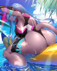 Rule 34 | 1girl, absurdres, arm up, armpits, ass, back cutout, bare shoulders, blue hair, blue sky, breasts, clothing cutout, day, fate/grand order, fate (series), from behind, highleg, highleg one-piece swimsuit, highres, huge breasts, ibuki douji (fate), ibuki douji (swimsuit berserker) (fate), ibuki douji (swimsuit berserker) (first ascension) (fate), long hair, looking at viewer, looking back, multicolored hair, one-piece swimsuit, oni, outdoors, paid reward available, parted lips, pink hair, red eyes, shiroshisu, sitting, sky, smile, solo, streaked hair, swimsuit, tail, thigh strap, thighs, water