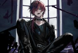 1boy belt black_belt black_collar black_hair black_jacket black_pants black_sleeves chain chain_necklace collar eyes_visible_through_hair green_eyes hair_over_one_eye highres jacket jewelry lauren_iroas leather leather_belt leather_collar leather_jacket long_hair looking_at_viewer male_focus multicolored_hair necklace nijisanji open_mouth pants ponytail red_hair rip2 sitting solo two-tone_hair