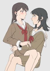 2girls bang_dream! bang_dream!_it&#039;s_mygo!!!!! black_hair blue_eyes blush brown_dress brown_hair closed_mouth commentary dress grey_background hand_on_another&#039;s_arm hand_on_another&#039;s_waist hashtag-only_commentary highres long_hair looking_at_another multiple_girls neckerchief purple_eyes r_bishh red_neckerchief sailor_collar sailor_dress shiina_taki simple_background sitting sitting_on_lap sitting_on_person sweatdrop white_sailor_collar yahata_umiri yuri