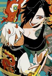 2girls arm_tattoo black_hair black_tank_top blue_background bomber_jacket breasts commentary_request dragon dragon_tattoo eastern_dragon from_above hair_over_one_eye highres holding holding_smoking_pipe horns jacket kiseru large_breasts looking_at_viewer momomo_906 multiple_girls original red_eyes sharp_teeth short_hair smoking_pipe standing tank_top tattoo teeth tongue tongue_out
