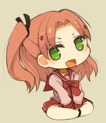 Rule 34 | 1girl, chibi, full body, green eyes, long hair, looking at viewer, maaryan (to heart), mota, open mouth, school uniform, side ponytail, simple background, skirt, smile, solo, to heart (series), to heart 2