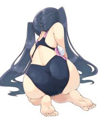 1girl ass back_cutout barefoot black_hair character_request clothing_cutout competition_swimsuit feet female_focus from_behind long_hair naka_akira one-piece_swimsuit original simple_background soles solo swimsuit toes very_long_hair white_background