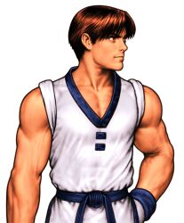 1boy bare_shoulders belt capcom_vs_snk_2 closed_mouth dobok fatal_fury game_cg gloves hand_on_own_hip highres kim_dong_hwan looking_to_the_side male_focus muscular nishimura_kinu non-web_source official_art simple_background snk solo taekwondo veins veiny_arms white_background