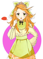 1girl absurdres black_bow black_bowtie bow bowtie dress etie_(fire_emblem) fire_emblem fire_emblem_engage gem green_bow green_dress green_eyes green_shirt highres meba. nintendo open_mouth orange_gemstone orange_hair shirt solo swept_bangs tiara