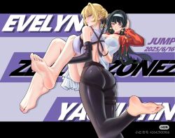 2girls ass astra_yao barefoot black_hair blonde_hair breasts carrying carrying_person evelyn_chevalier feet highres huahuaren_jump large_breasts light_blush long_hair looking_at_viewer multiple_girls purple_eyes red_eyes smile soles toes zenless_zone_zero