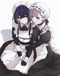 1boy 1girl apron blush brother_and_sister closed_mouth crossdressing highres hug maid maid_apron maid_headdress matching_hair/eyes matching_outfits noa_1042 open_mouth pink_eyes pink_hair purple_hair siblings simple_background smile the_hundred_line_-last_defense_academy- tsukumo_ima tsukumo_kako twins white_background
