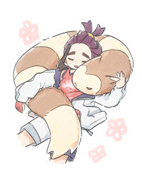 1boy :&lt; black_hair closed_eyes closed_mouth flower_symbol furret gen_2_pokemon gloves jacket kieran_(pokemon) long_sleeves lying male_focus mtitp54 nintendo on_back open_clothes open_jacket open_mouth partially_fingerless_gloves pokemon pokemon_(creature) pokemon_sv purple_hair red_gloves red_tank_top shorts simple_background single_glove tank_top white_background white_jacket white_shorts