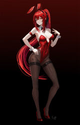 1girl animal_ears bow bowtie breasts cleavage cowboy_shot cuff_links fake_animal_ears hair_between_eyes hand_on_own_hip haruyuki_(karem) high_heels highres leotard long_hair medium_breasts pantyhose patent_heels playboy_bunny ponytail pumps punishing:_gray_raven rabbit_ears red_eyes red_footwear red_hair shoes stiletto_heels vera_(pgr)