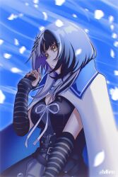 1girl black_arm_warmers black_dress black_hair black_nails breasts cleavage cloak dress enigmatic_recollection grey_hair grin hair_ornament hand_up hazel_(hzlform) highres hololive hololive_english jewelry large_breasts multicolored_hair ribbon ring shiori_novella shiori_novella_(1st_costume) smile solo split-color_hair striped_arm_warmers teeth virtual_youtuber white_cloak white_ribbon yellow_eyes