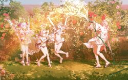 4girls absurdres angel_wings arms_up azusa_(blue_archive) azusa_(swimsuit)_(blue_archive) bikini black_bikini blonde_hair blue_archive bow breasts dress_shirt floating_hair floral_print_bikini frilled_bikini frills grass hair_bow halo hanako_(blue_archive) hanako_(swimsuit)_(blue_archive) head_wings hifumi_(blue_archive) hifumi_(swimsuit)_(blue_archive) highres holding holding_hose hose jumping koharu_(blue_archive) koharu_(swimsuit)_(blue_archive) long_hair low_twintails low_wings medium_hair multiple_girls official_alternate_costume one_eye_closed outdoors pink_hair sandals shirt small_breasts smile standing swimsuit twintails water white_bikini white_hair wings yu-y_(824412)