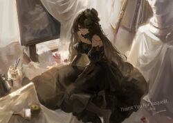 1girl absurdres apple bare_shoulders barefoot black_dress black_flower black_hair black_hat brown_eyes closed_mouth commentary commission dress flower food fruit full_body glass green_apple hair_flower hair_ornament hat highres juliet_sleeves long_hair long_sleeves looking_at_viewer off-shoulder_dress off_shoulder on_floor original paintbrush painting_(object) puffy_sleeves sawararado signature sitting skeb_commission solo strapless strapless_dress symbol-only_commentary teapot twitter_username very_long_hair