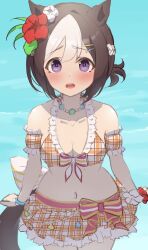 1girl :o animal_ears bare_shoulders bead_necklace beads bikini bikini_skirt blush breasts brown_hair cleavage ear_flower flower frilled_bikini frills hair_flower hair_ornament highres horse_ears horse_girl horse_tail irasutodog jewelry looking_at_viewer midriff multicolored_hair navel necklace official_alternate_costume orange_bikini plaid_bikini plaid_clothes purple_eyes short_hair solo special_week_(hopping_vitamin_heart)_(umamusume) special_week_(umamusume) swimsuit tail umamusume white_hair wrist_flower