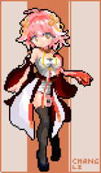 1girl black_thighhighs breasts changli_(wuthering_waves) dress full_body galibang highres large_breasts looking_at_viewer pink_hair pixel_art short_hair smile solo standing thighhighs wuthering_waves yellow_eyes