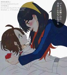 2girls black_hair blue_shirt blush brown_eyes brown_hair carmine_(pokemon) commentary_request game_freak gloves hyaku_ae_mon juliana_(pokemon) long_hair looking_at_another multicolored_hair multiple_girls nintendo open_mouth parted_lips pinned pokemon pokemon_sv red_gloves red_hair shirt simple_background smile speech_bubble streaked_hair tears translation_request watermark white_background white_shirt yellow_eyes yuri
