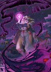 1girl 2024 absurdres alternate_costume arm_at_side arm_up aurora bare_legs blonde_hair boots borrowed_character breasts castle cloak commentary commission corset cross dark_star_(mario) dress elbow_gloves energy english_commentary euredaicy flag floating foreshortening forest gem gloves glowing gold_trim grey_shirt hair_over_one_eye highres hood hooded_cloak hoodie large_breasts locket_white_(bakalorin) long_sleeves looking_at_viewer magic mario_(series) nature night night_sky nintendo original outdoors pelvic_curtain puffy_long_sleeves puffy_sleeves railing red_gemstone serious shirt shy_gal side_slit sky stairs star_(sky) starry_sky swept_bangs thick_thighs thighs tree variant_set white_boots white_cloak white_dress white_gloves white_hoodie white_mask