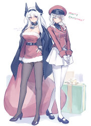 2girls asicah asta_(asicah) bell belt black_coat black_gloves black_shirt black_shoes box breasts brown_pantyhose choker cleavage closed_mouth coat coat_on_shoulders dated dioreta_(asicah) dress facing_viewer fingerless_gloves full_body gift gift_box gloves hairband hand_on_own_hip hat high_heels highres horns jacket jewelry large_breasts long_hair long_sleeves looking_at_viewer mary_janes medium_hair merry_christmas multiple_girls neck_bell original own_hands_together pantyhose peaked_cap pendant pink_eyes red_hat red_jacket sack shirt shoes simple_background small_breasts standing strapless strapless_dress white_background white_gloves white_hair white_pantyhose