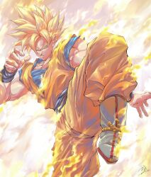 Rule 34 | 1boy, absurdres, aura, blonde hair, blue eyes, blue sash, dougi, dragon ball, dragonball z, fighting stance, fire, highres, leg up, looking at viewer, male focus, muscular, muscular male, orange pants, ota ta999, pants, sash, short hair, solo, son goku, spiked hair, super saiyan, super saiyan 1, wristband