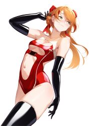 absurdres bare_shoulders black_thighhighs breasts cleavage cleavage_cutout clothing_cutout collarbone elbow_gloves gloves green_eyes highres latex latex_gloves latex_thighhighs long_hair looking_to_the_side one-piece_swimsuit orange_hair original peesh_san red_one-piece_swimsuit skindentation small_breasts standing stomach_cutout swimsuit thighhighs underboob