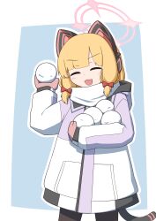 Rule 34 | 1girl, :d, absurdres, animal ear headphones, animal ears, black pantyhose, blonde hair, blue archive, blue background, blunt bangs, blush, border, bow, cat ear headphones, cat ears, cat tail, closed eyes, coat, commentary request, cowboy shot, fake animal ears, fake tail, hair bow, halo, hand up, headphones, highres, holding, holding snowball, hood, hood down, hooded coat, long sleeves, low-tied sidelocks, mittens, momoi (blue archive), momoi (winter) (blue archive), multicolored coat, official alternate costume, open mouth, outline, outside border, pantyhose, pink halo, pink mittens, purple coat, red bow, scarf, sidelocks, simple background, smile, snowball, solo, tail, tokuchi919, white border, white coat, white outline, white scarf, winter clothes