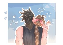 1boy 1girl 7_(milu577610) aerith_gainsborough bare_shoulders black_hair blue_sky blush border braid braided_ponytail brown_hair commentary_request couple crisis_core_final_fantasy_vii final_fantasy final_fantasy_vii final_fantasy_vii_rebirth final_fantasy_vii_remake flying_sweatdrops from_behind hair_ribbon heart highres holding_another&#039;s_waist outside_border pink_ribbon ponytail ribbed_sweater ribbon sky sleeveless sleeveless_turtleneck spiked_hair spoken_blush sweatdrop sweater turtleneck turtleneck_sweater upper_body white_border zack_fair