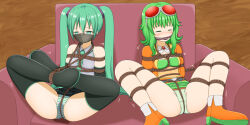 2girls aqua_eyes aqua_hair aqua_necktie artist_name bare_shoulders bdsm black_footwear black_skirt black_sleeves bondage boots bound breasts cleavage closed_eyes collared_shirt couch crop_top crossed_legs defeated_expression detached_sleeves drooling floating_hair goggles goggles_on_head green_eyes green_hair green_nails green_panties green_shirt green_skirt gumi hair_ornament hatsune_miku high_heels indoors jacket large_breasts long_hair long_sleeves looking_at_viewer medium_breasts midriff miniskirt mouth_drool multiple_girls nail_polish navel necktie nijirogirls orange_jacket orange_thighhighs panties red-tinted_eyewear rope shirt short_hair short_hair_with_long_locks shoulder_tattoo sitting skirt sleeveless sleeveless_shirt smile striped_clothes striped_panties suspender_skirt suspenders tattoo thigh_boots thighhighs tinted_eyewear twintails underboob underwear upskirt very_long_hair vocaloid white_shirt zettai_ryouiki