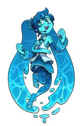 1girl blue_eyes blue_hair blue_necktie blue_skin colored_skin cosplay detached_sleeves discount-supervillain hatsune_miku hatsune_miku_(cosplay) headset highres lapis_lazuli_(steven_universe) liquid_hair necktie skirt smile solo steven_universe twintails vocaloid water