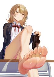 1girl absurdres barefoot blush cameltoe desk feet highres isshiki_iroha loafers long_hair looking_at_viewer panties pantyshot school_desk shoes single_shoe smile soles taqielang toes underwear unworn_shoes yahari_ore_no_seishun_lovecome_wa_machigatteiru. yellow_eyes