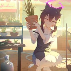 1girl alternate_costume animal_ears apron backlighting black_apron blue_archive blue_skirt cat_ears closed_eyes closed_mouth collarbone commentary_request denim denim_skirt dirt dirty dirty_face evening flower_pot gardening grin hair_between_eyes hair_ornament hairclip halo haruka_(blue_archive) highres holding holding_flower_pot hose ilyowal kemonomimi_mode medium_hair plant potted_plant purple_hair shelf shirt skirt smile solo squatting sweat t-shirt weeds white_shirt
