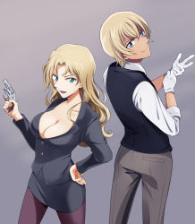 1boy 1girl absurdres amuro_tooru aqua_eyes bad_id bad_pixiv_id blonde_hair blue_eyes breasts cleavage collarbone formal_clothes gloves gun hand_on_own_hip handgun highres holding holding_weapon large_breasts lipstick long_hair looking_at_viewer makeup meitantei_conan pantyhose parted_lips pencil_skirt revolver shirt short_hair simple_background skirt skirt_suit smile suit taccomm vermouth_(meitantei_conan) vest wavy_hair weapon white_shirt