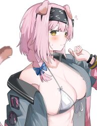 Rule 34 | 1girl, absurdres, animal ears, arknights, bikini, bikini under clothes, black hairband, blue bow, blush, bow, braid, breasts, brown eyes, cat ears, cat girl, cat tail, cleavage, closed mouth, collarbone, eyebrows hidden by hair, flying sweatdrops, front-tie bikini top, front-tie top, goldenglow (arknights), grey jacket, hair bow, hair over shoulder, hairband, highres, jacket, large breasts, lightning bolt print, long sleeves, off shoulder, open clothes, open jacket, pink hair, puffy long sleeves, puffy sleeves, simple background, single braid, solo, spam (spamham4506), steam, swimsuit, tail, white background, white bikini
