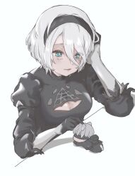 Rule 34 | 1boy, 1girl, 2b (nier:automata), 9s (nier:automata), absurdres, black hairband, blindfold, blue eyes, breasts, cleavage, closed mouth, commentary request, eyelashes, hair between eyes, hairband, highres, kemonomimi mode, medium breasts, mini person, miniboy, mole, mole under mouth, nagisa (nagi karasumaru), nier:automata, nier (series), puffy sleeves, sitting, smile, white background, white hair