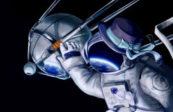 Rule 34 | 1girl, 32kaidou, ascot, astronaut, black background, blue bow, boater hat, bow, earth (planet), hand up, hat, hat bow, helmet, highres, planet, purple hat, reflection, reverse:1999, satellite, solo, space, space helmet, spacesuit, sputnik, sputnik (reverse:1999), upper body, vertin (reverse:1999), white ascot
