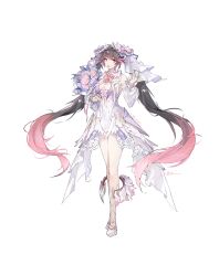 1girl :o absurdres bare_legs bare_shoulders bouquet breasts bridal_veil brown_hair chenmuo chinese_commentary cleavage cleavage_cutout clothing_cutout collar colored_tips commentary commissioner_name cross_hair_ornament crossed_legs detached_sleeves detached_wings dress floating_hair flower frilled_collar frills full_body gift_art gradient_hair hair_ornament highres holding holding_bouquet long_hair lucia:_pyroath_(love&#039;s_dawn)_(pgr) lucia_(pgr) medium_breasts multicolored_hair official_alternate_costume open_mouth pink_eyes pink_flower pink_hair puffy_sleeves punishing:_gray_raven shoes signature simple_background solo standing tachi-e veil very_long_hair watson_cross wedding_dress white_dress white_flower white_shoes white_sleeves wings
