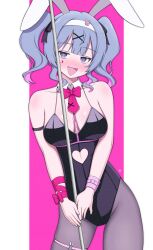 1girl animal_ears arm_ribbon armband black_armband black_leotard black_pantyhose blue_eyes blue_hair blush border bow bowtie breasts clothing_cutout collar commentary cowboy_shot dokadayo dot_nose double-parted_bangs fake_animal_ears hair_ornament hairband hairpin half_updo harness hatsune_miku heart_cutout highres holding holding_pole large_breasts leaning_forward leotard looking_at_viewer medium_hair multiple_hairpins necktie nose_blush open_mouth pantyhose pink_background pink_pupils pink_wrist_cuffs playboy_bunny pole rabbit_ears rabbit_hair_ornament rabbit_hole_(vocaloid) red_bow red_bowtie red_necktie red_ribbon ribbon seductive_smile short_necktie simple_background single_wrist_cuff smile solo spaghetti_strap symbol-only_commentary teardrop_facial_mark vocaloid white_border white_collar white_hairband wrist_cuffs