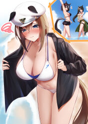 Rule 34 | 3girls, absurdres, animal ears, arm up, armpits, arugou, beach, bikini, bikini skirt, black hair, black shirt, blue eyes, blush, breasts, brown hair, cheval grand (umamusume), closed mouth, day, ears down, ears through headwear, embarrassed, hair between eyes, hair ornament, hat, highres, horse ears, horse girl, horse tail, kitasan black (umamusume), large breasts, layered bikini, leaning forward, long hair, long sleeves, medium hair, multiple girls, navel, nose blush, open clothes, open mouth, open shirt, outdoors, raised inner eyebrows, sarong, satono crown (umamusume), shirt, side ponytail, smile, solo focus, squiggle, standing, swimsuit, swimsuit under clothes, tail, thigh strap, thighhighs, umamusume, very long hair, wading, water