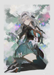 1girl absurdres aqua_skirt black_hairband black_jacket black_thighhighs chinese_commentary closed_mouth commentary_request firefly_(honkai:_star_rail) full_body grey_hair hair_between_eyes hairband hand_on_own_chest hand_up highres honkai:_star_rail honkai_(series) jacket kneeling long_hair long_sleeves looking_at_viewer neckerchief orange_neckerchief purple_eyes shirt shu_kunkuokuozi skirt smile solo thighhighs watermark weibo_watermark white_shirt